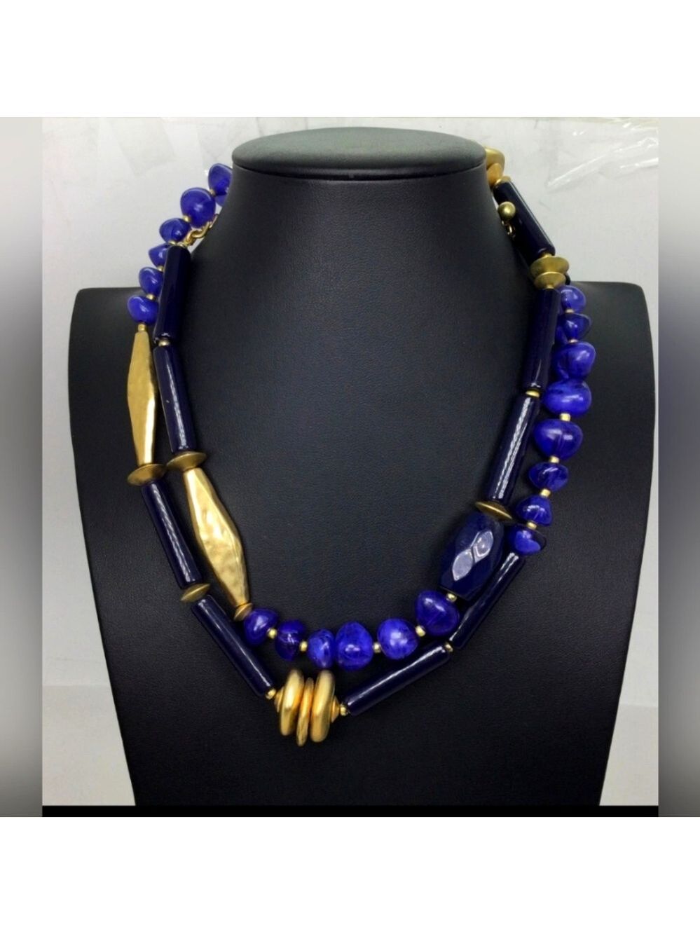Chico's Gold & Blue Long Beaded Necklace 38"